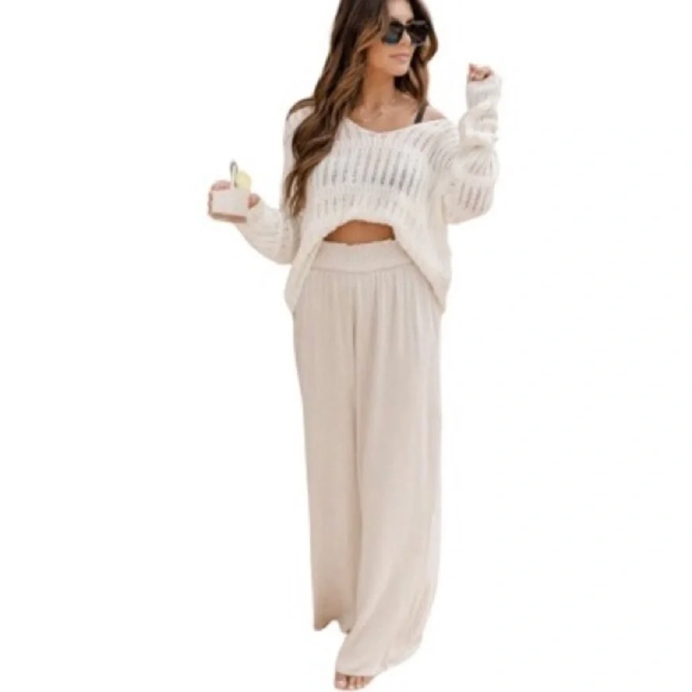 Pink Lily- “Stolen Kiss” Taupe Linen Beach Pants - Picture 1 of 6